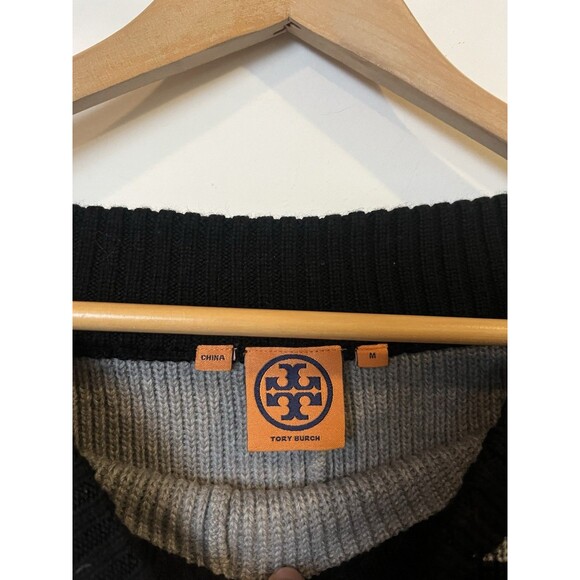 Tory Burch Black Gray Striped Elbow Dolman Sleeve Merino Wool Sweater Size Med - Picture 5 of 9